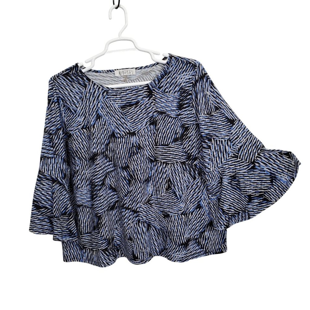 Kasper 3X Blouse Pullover Abstract Swirl Bell Sleeve Stretch Dressy Event Silver - Picture 2 of 13